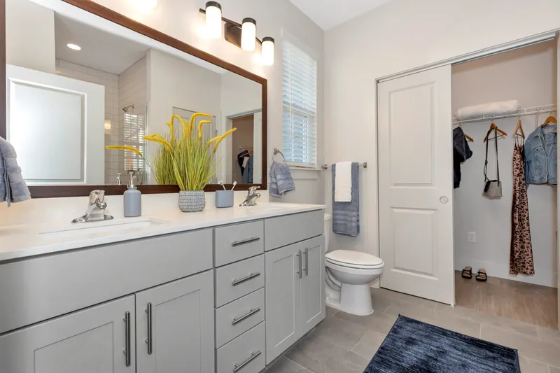 bathroom with dual vanity and walk in closet