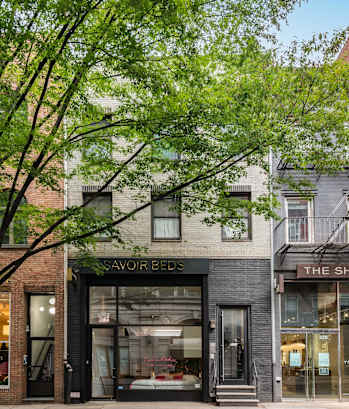A tree with green leaves is in front of a building with a store front.