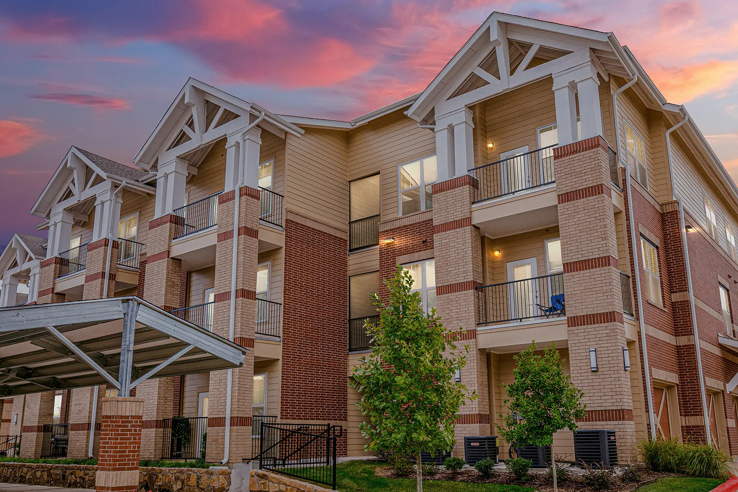 Exterior of apartment buildings at dusk