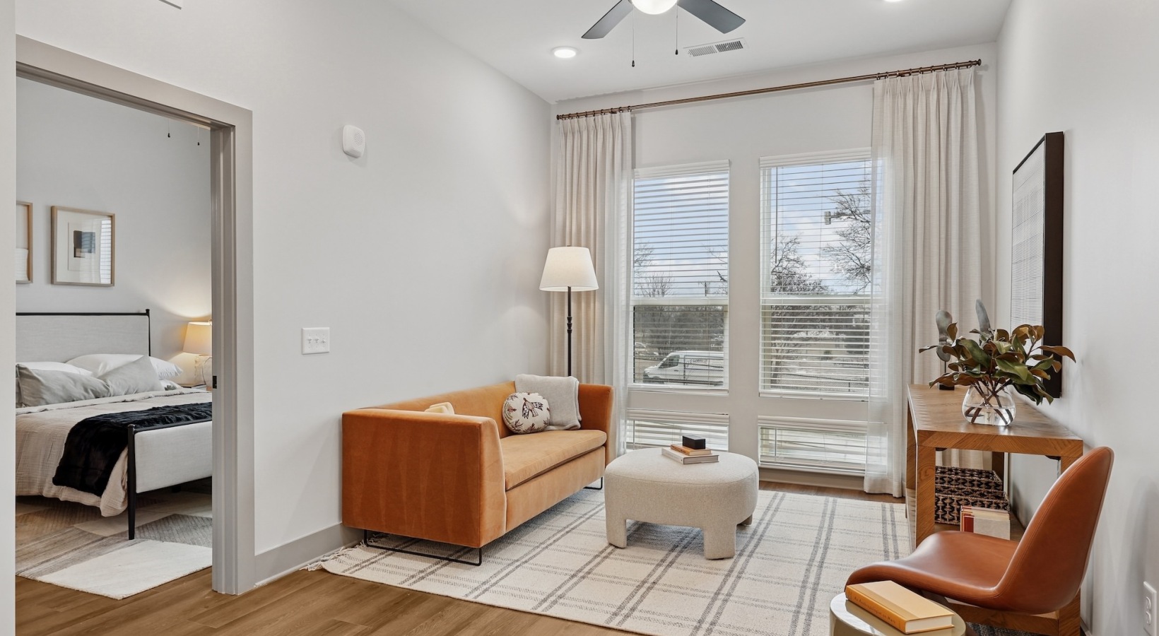 living room with large windows