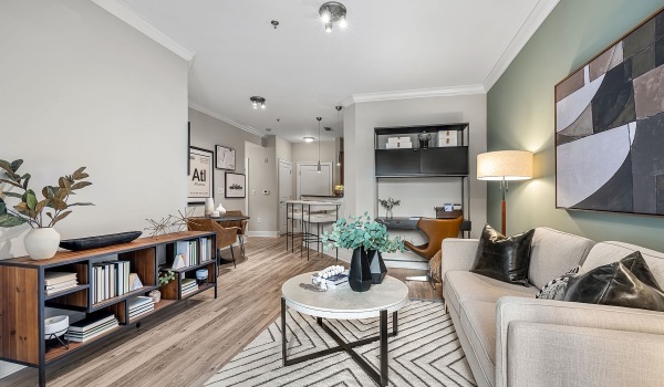 a living room with a wood floor