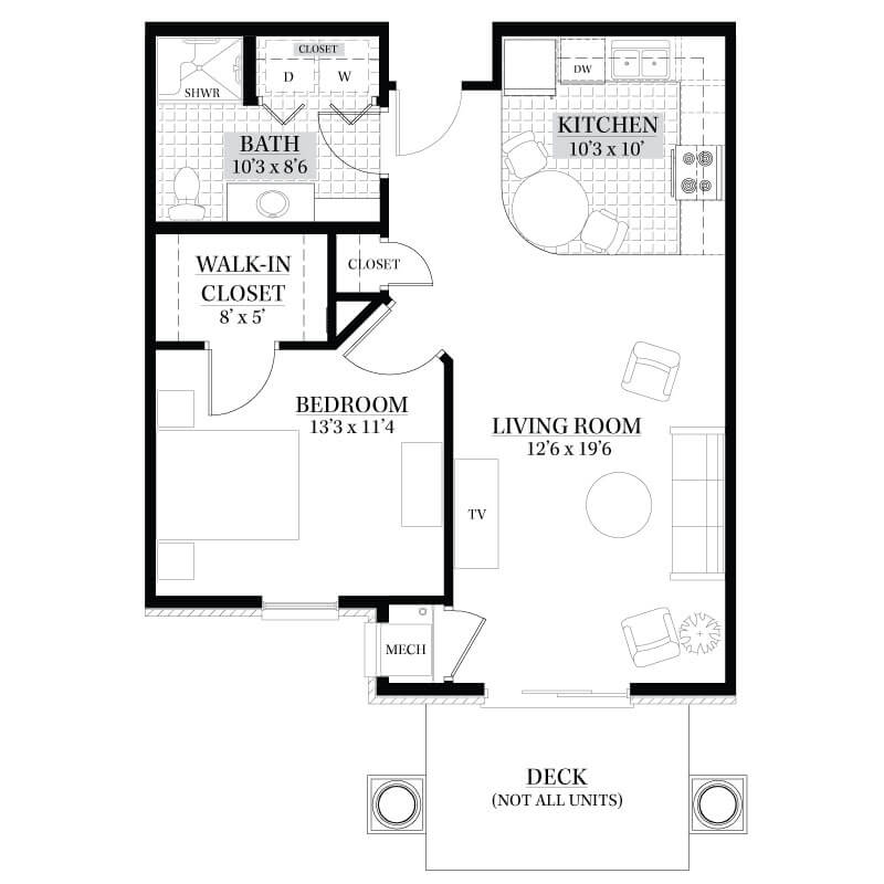 One-bedroom apartment floor plan at Brier Pointe Retirement Community, a premier 55 Plus Living, Independent Living community.
