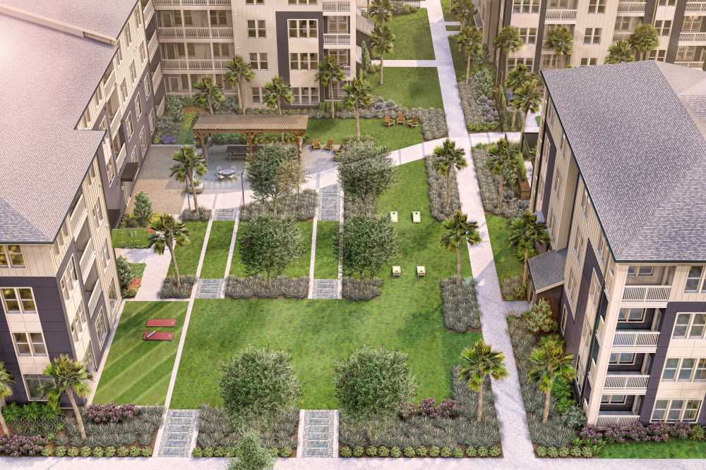 Community green space with seating areas at Hutchinson in Summerville, South Carolina