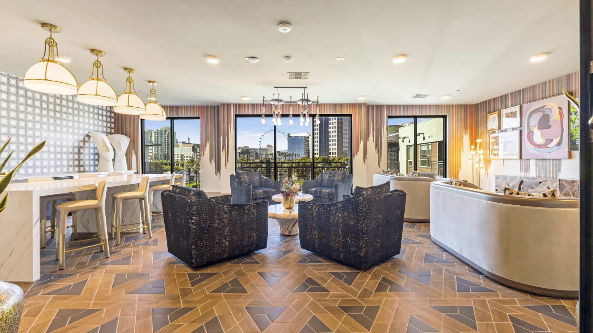 Stylish apartment clubhouse with lounge seating