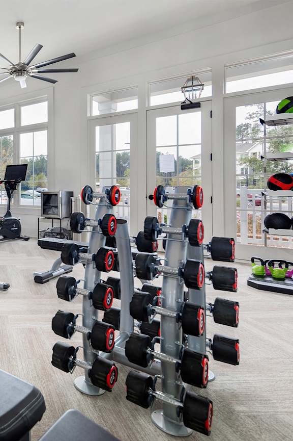 Gym with weights at Elevate at Brighton Park, South Carolina, 29486