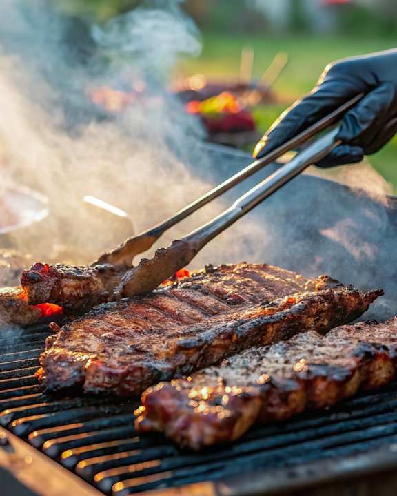 A person in black gloves is grilling steaks on a barbecue.