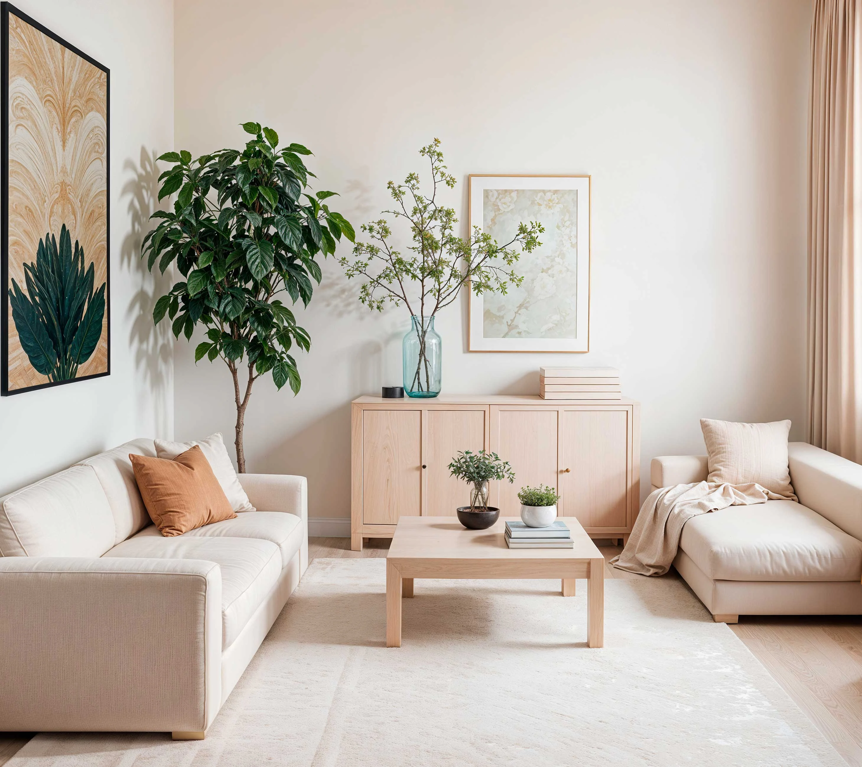 A stylish modern living room featuring light-colored sofas, a coffee table, and decorative plants. Wall art is displayed on one side, and a wooden cabinet is situated nearby, enhancing the room's contemporary aesthetic.