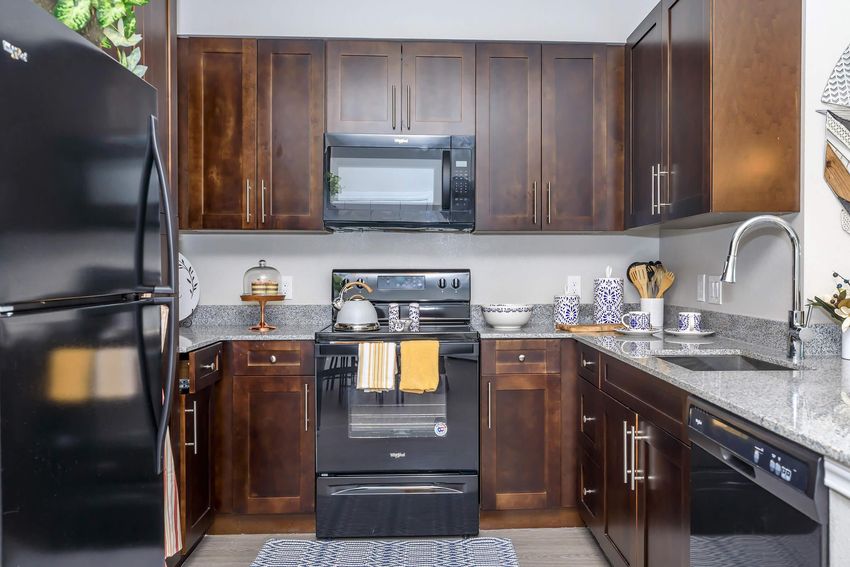 Modern kitchen with dark wood cabinets and granite countertops. It features a black refrigerator, a microwave above the stove, and a black stove with a yellow towel hanging. The sink area is equipped with utensils and decorative items on display. A patterned rug is present on the floor, adding a touch of style.
