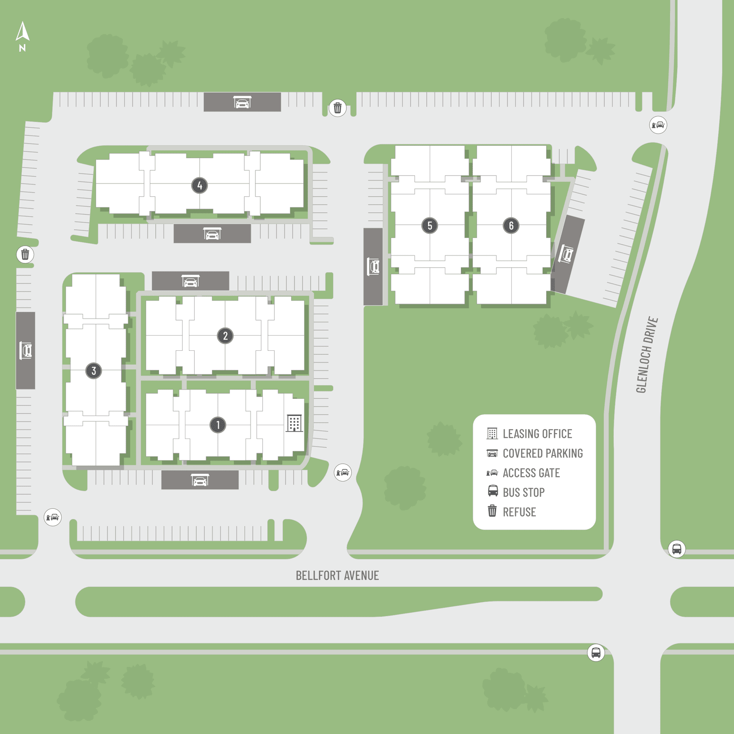 A site map marked by red dots showing unit locations, if available.