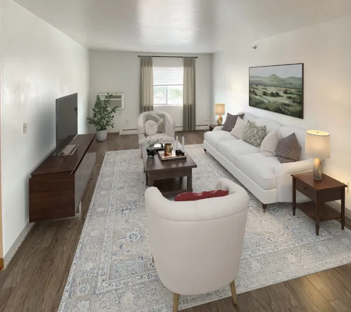 Inviting living room with sleek hardwood floors, plush seating, elegant decor, and abundant natural light for a cozy atmosphere.