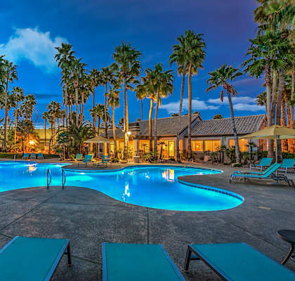 A pool surrounded by palm trees at dusk.