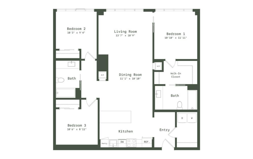 #309 - 3 bedroom floorplan layout with 2 bathrooms and 1329 square feet