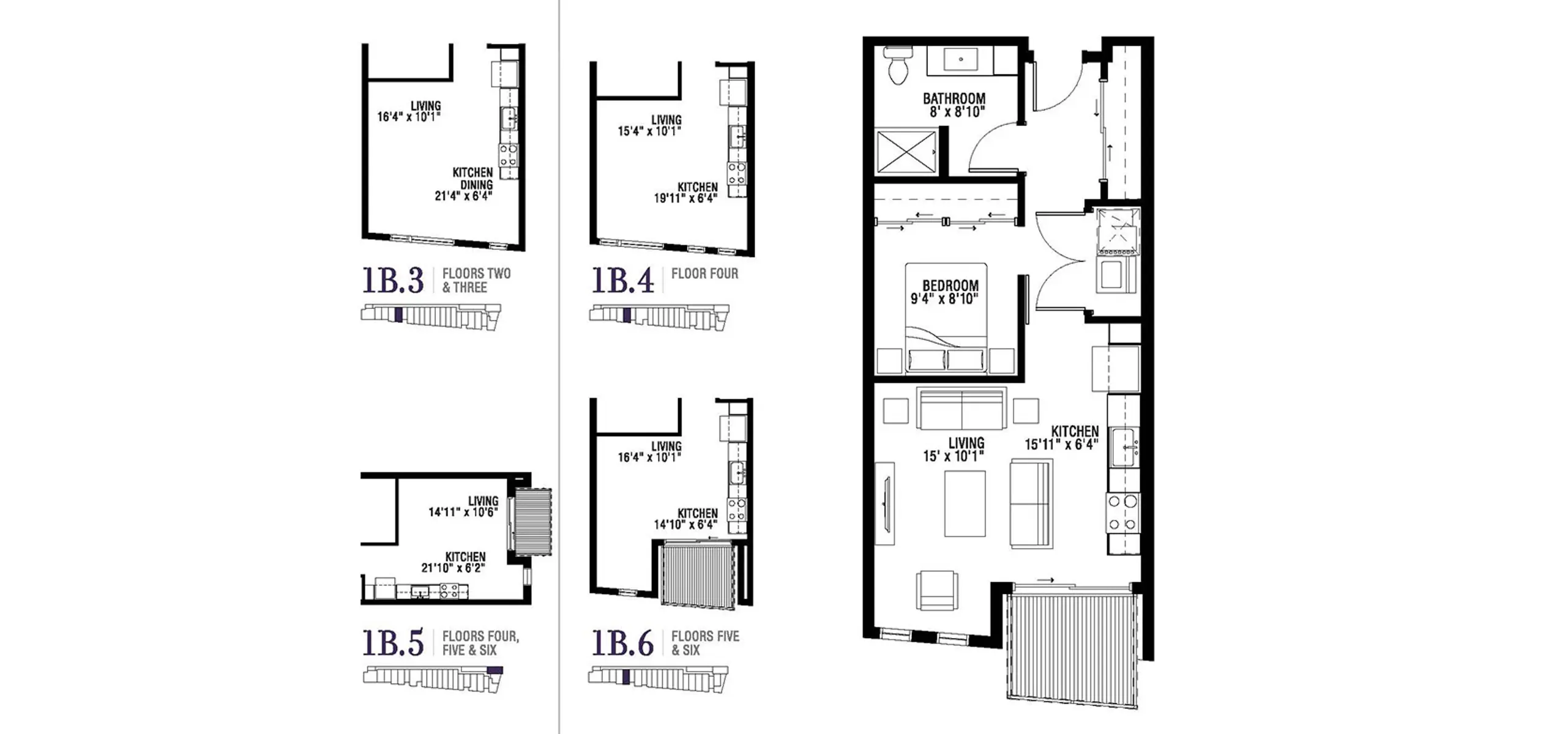 Various floor plans of apartment layouts, including one main layout and several smaller layouts on the left, labeled as 1B.3, 1B.4, 1B.5, and 1B.6.