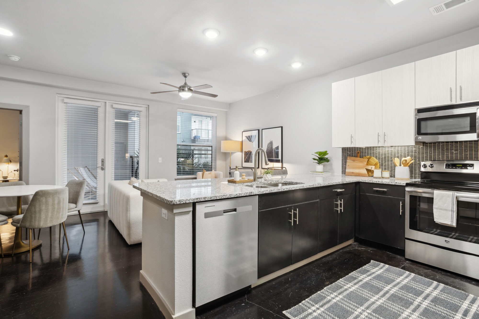 Kitchen with stainless steel appliances and granite counter tops