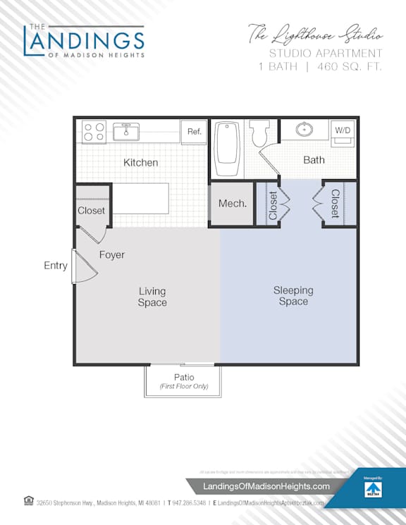 A studio apartment layout for The Landings at Madison Heights.
