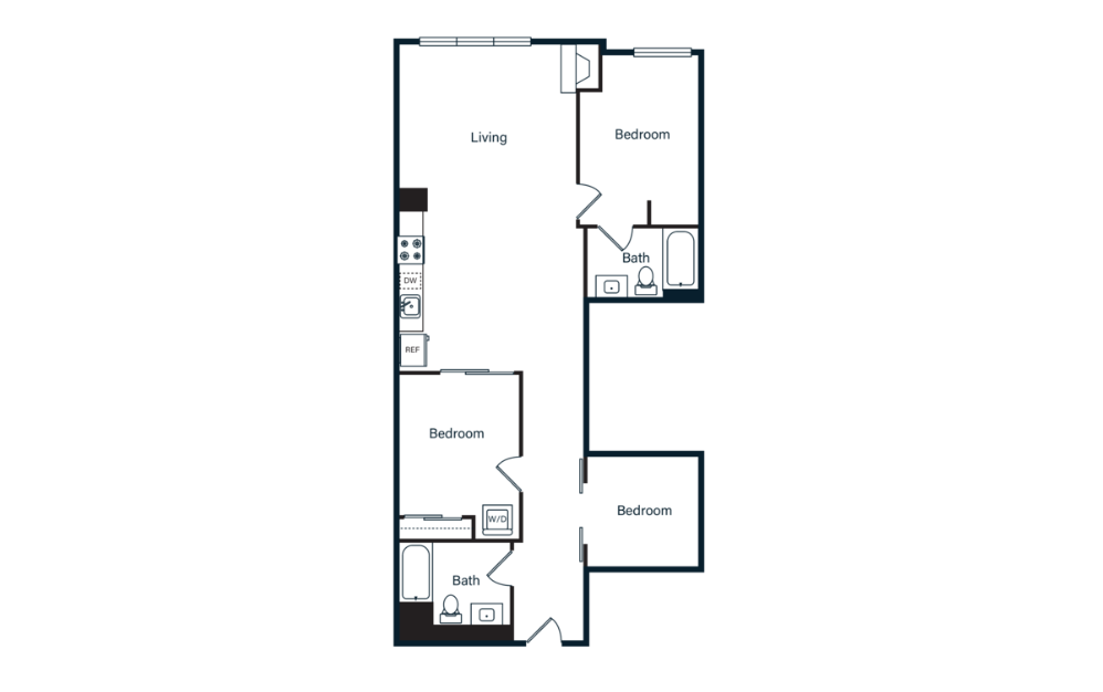C1 - 3 bedroom floorplan layout with 2 bathrooms and 771 - 929 square feet