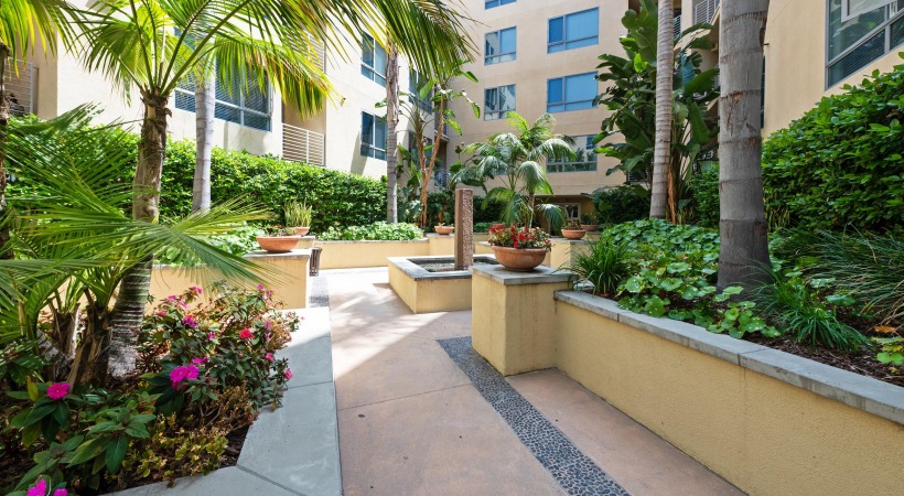 a walkway between buildings surrounded by plants
