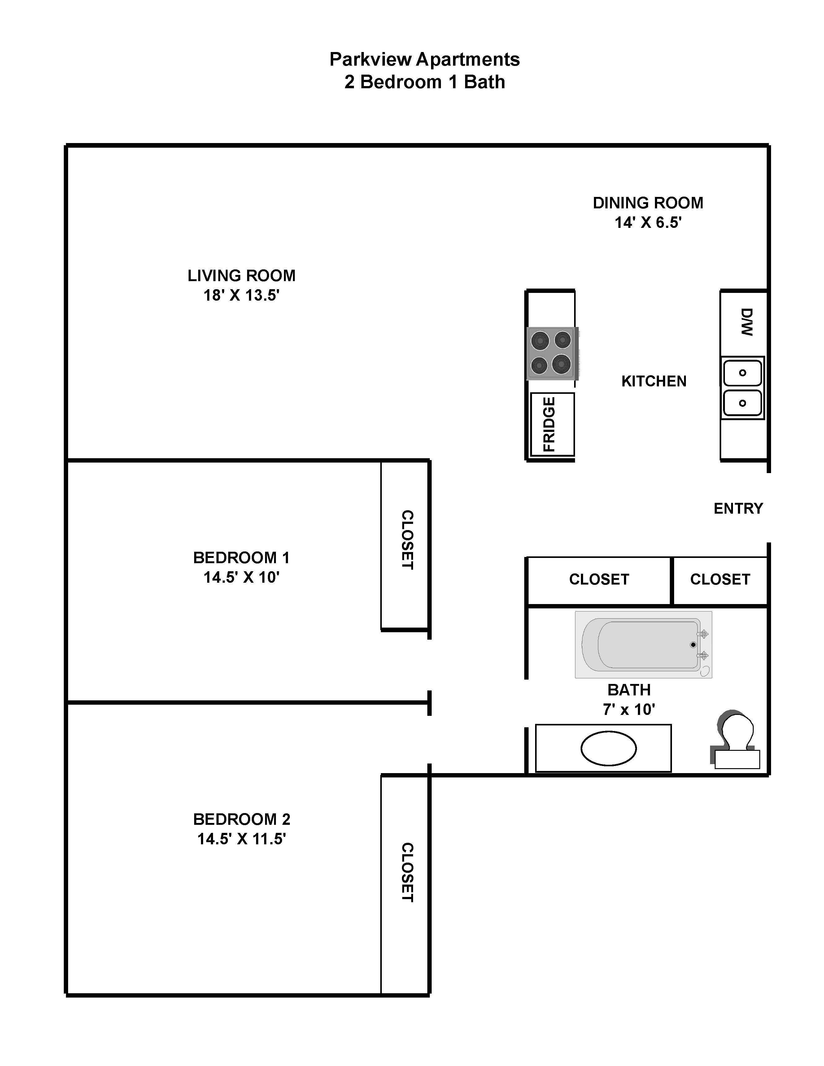 A diagram of apartment layout with two bedrooms, a living room, a dining room, a kitchen, and two closets.