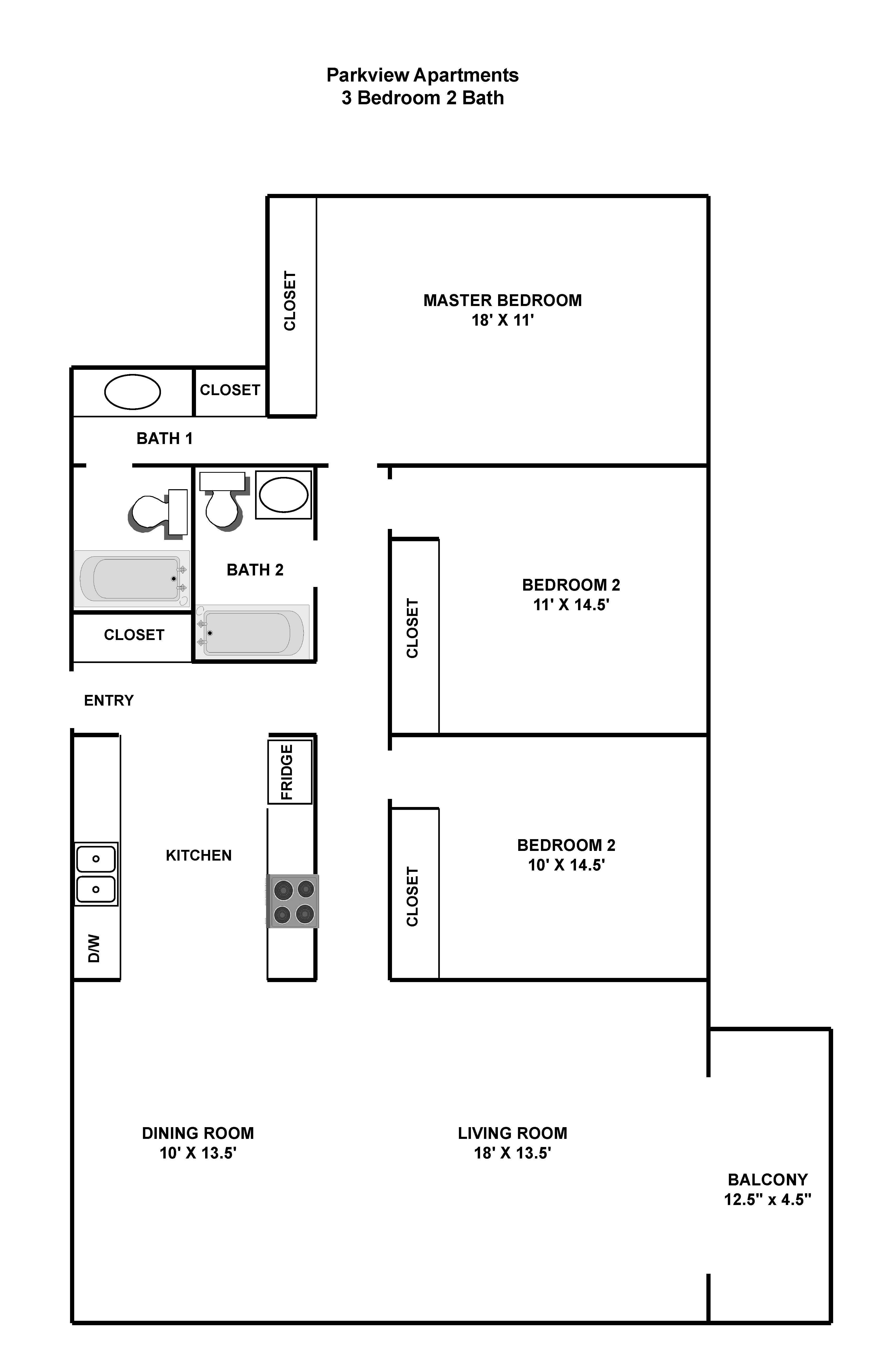 A floor plan of a Parkview Apartments showing the layout of the bedrooms, bathrooms, and other rooms.