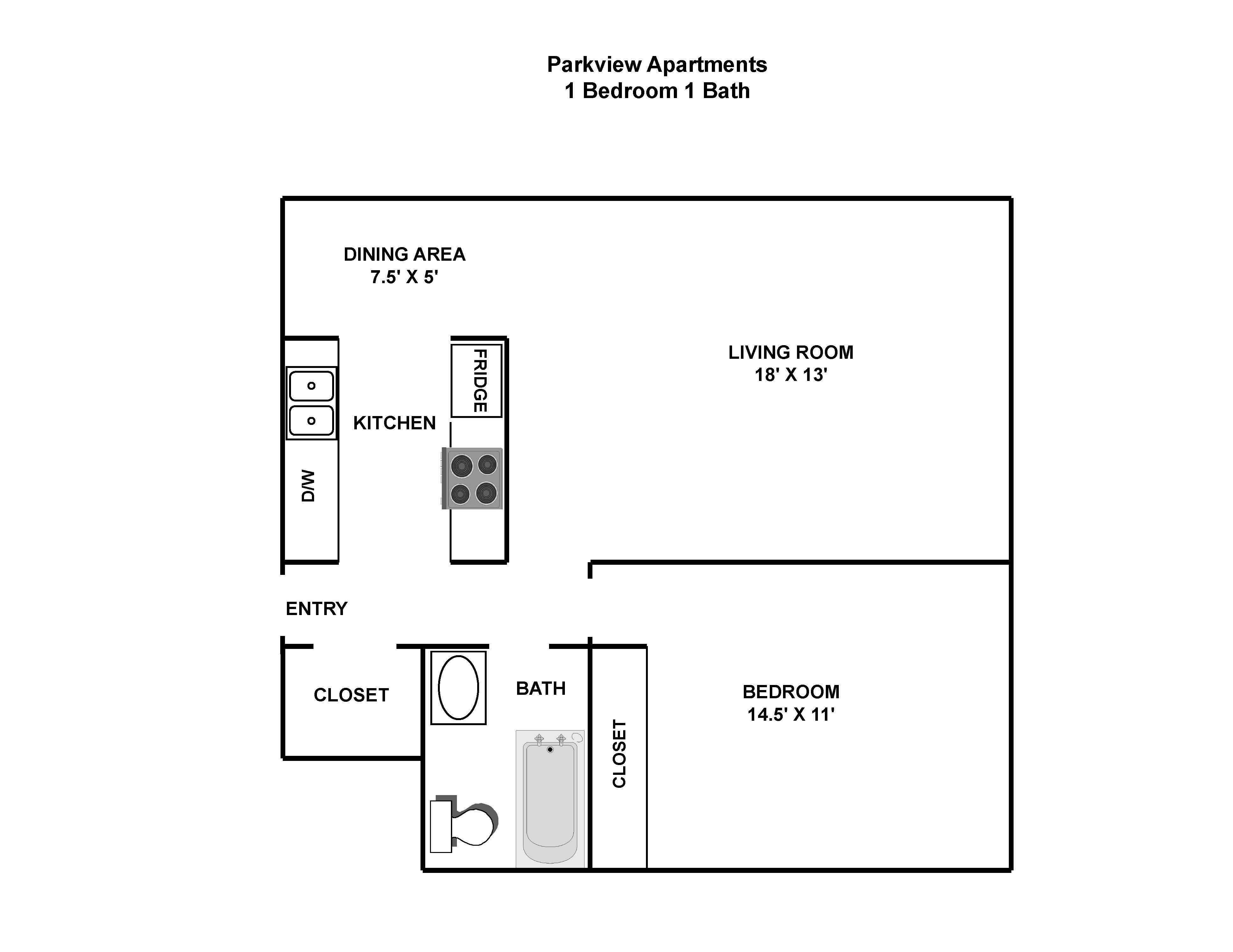 A diagram of a Parkview Apartments layout with a 1 Bedroom and 1 Bath.