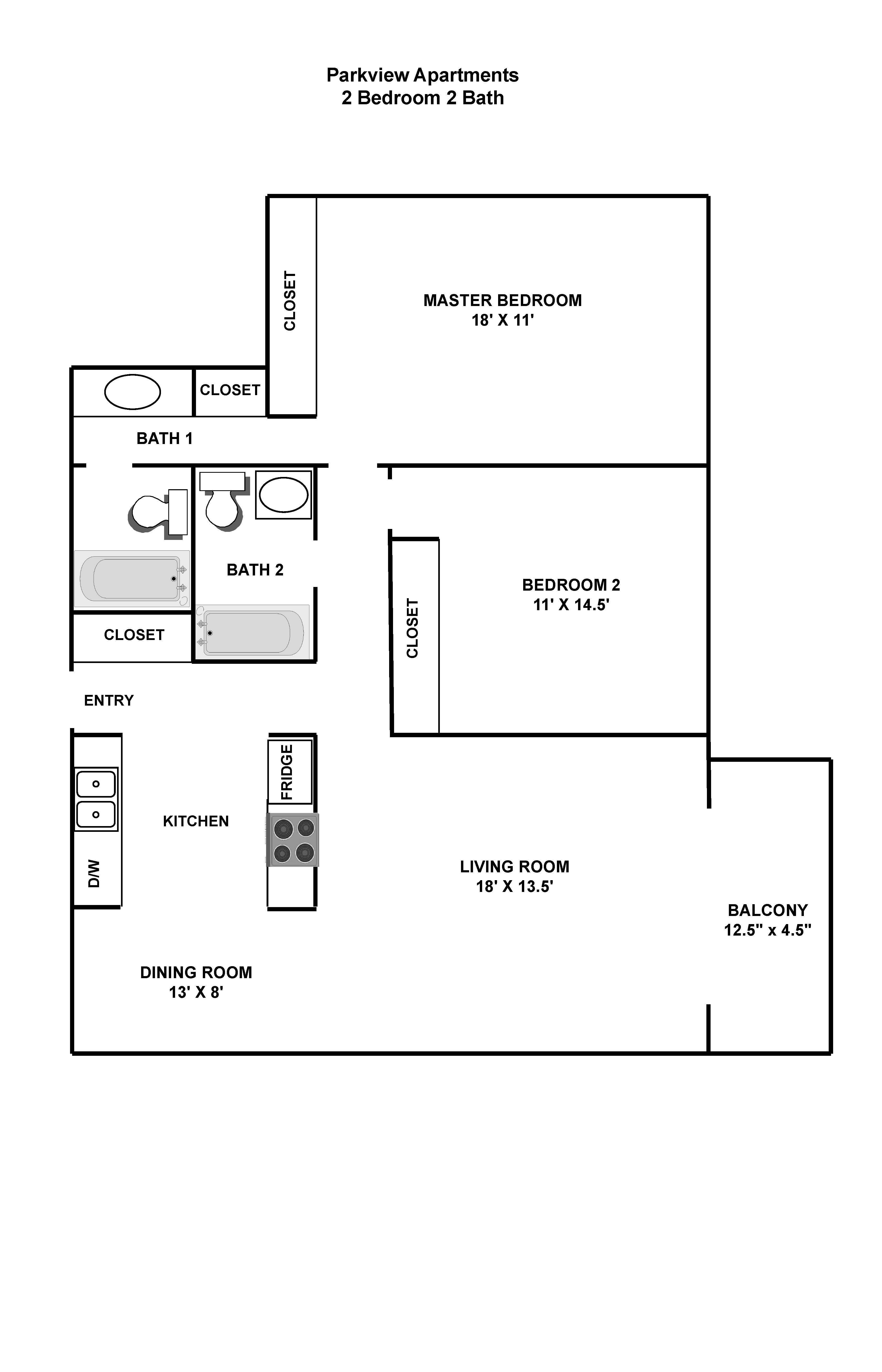 A floor plan of a Parkview Apartments layout with two bedrooms, a living room, a dining room, a kitchen, a master bedroom, and two bathrooms.