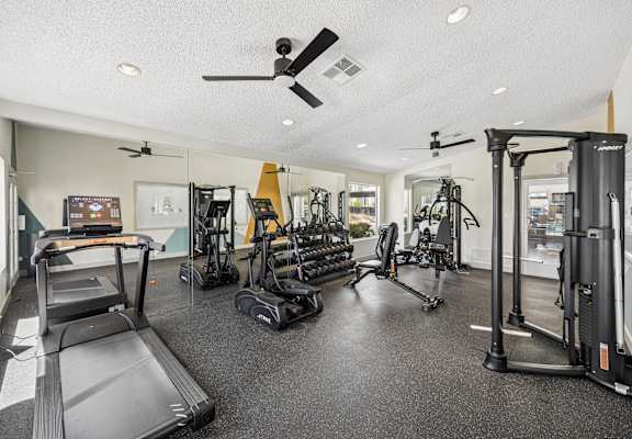 A spacious gym with treadmills, elliptical machines, and other exercise equipment.