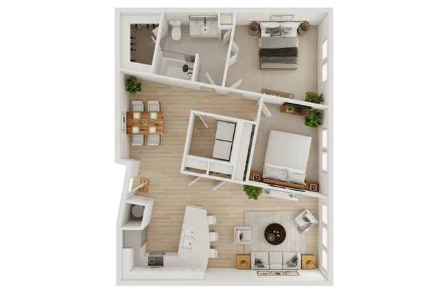 Elegant 3D floor plan showcasing 2 bedrooms, open dining and kitchen area, and stylish living room with natural light.