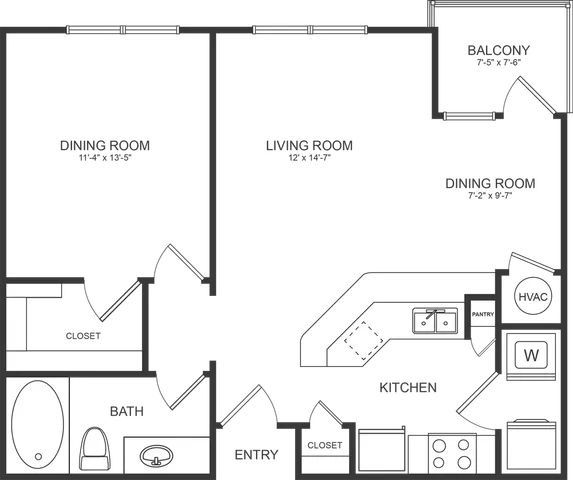 Modern floor plan showcasing a spacious open living area with a cozy bathroom and functional kitchen, highlighted by unique layout features like a large pantry and convenient HVAC unit.