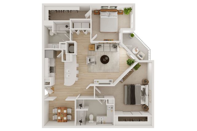 Elegant floor plan highlighting 2 spacious bedrooms, a stylish open-concept living and dining area, and a modern kitchen, with abundant natural light and patio access.