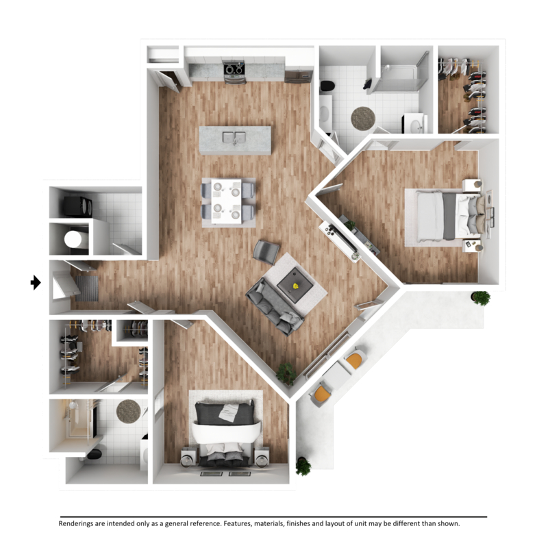 The Bay 2 Bedroom, 2 Bathroom, 1,265 Square Foot Plan at The Jax apartments in Monroe, GA.