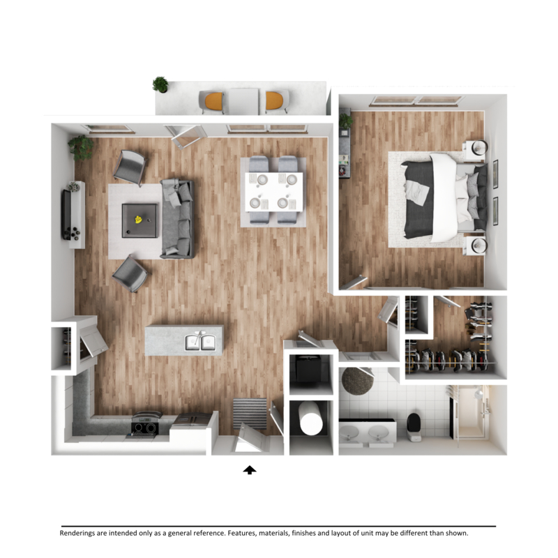 The Creek 1 Bedroom, 1 Bathroom, 835 Square Foot Floor Plan at The Jax apartments in Monroe, GA.