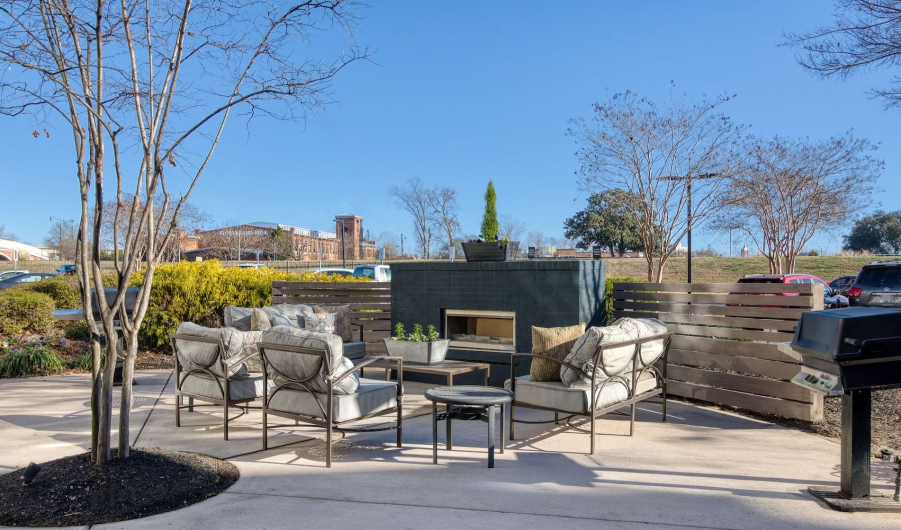 an outdoor fireplace with ample seating