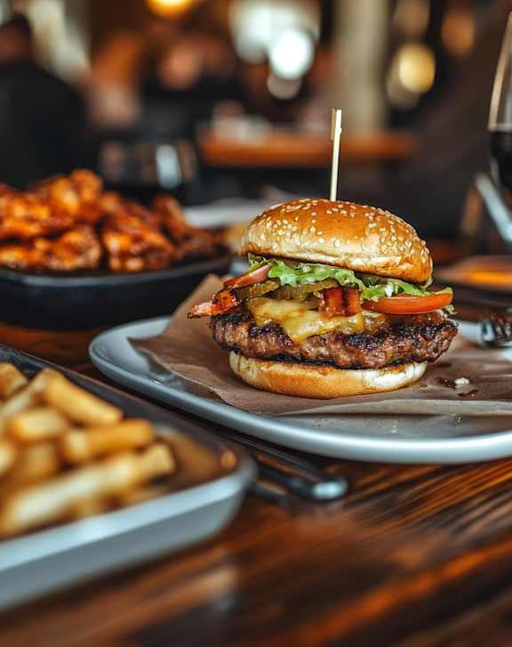 A burger with bacon and lettuce is on a plate with fries and a side of chicken wings.