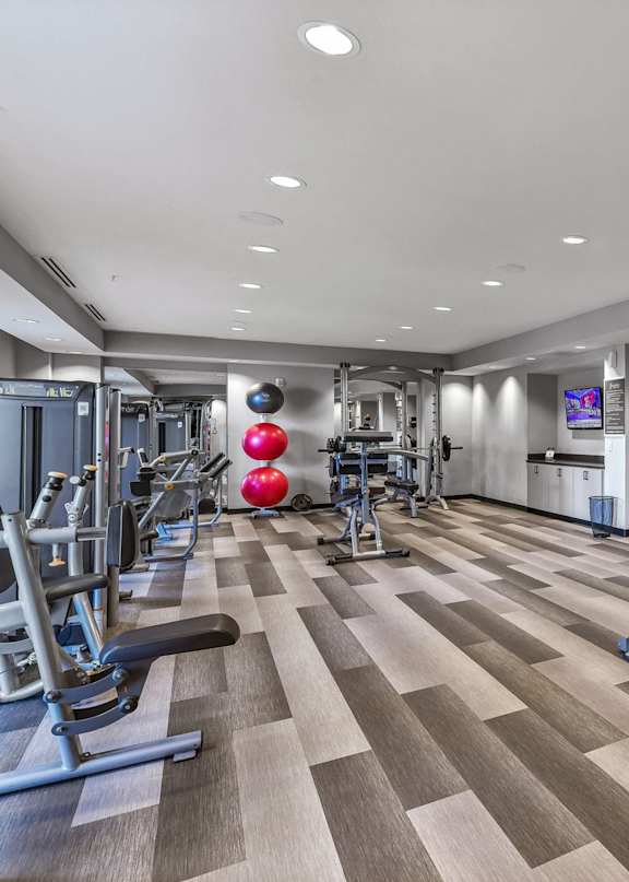 A gym with a variety of equipment including treadmills, weights, and exercise machines.