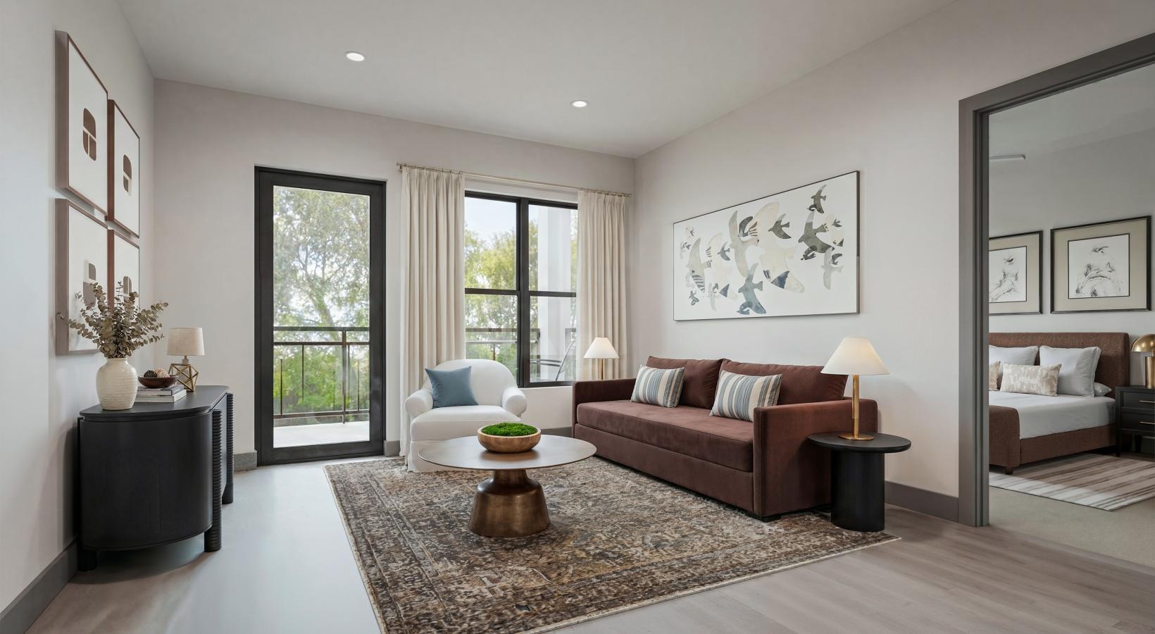 a living room with a large window