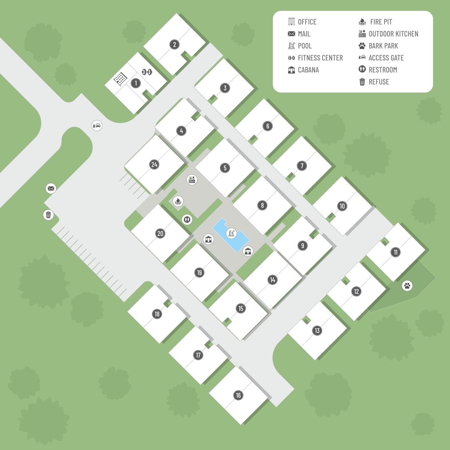 A site map marked by red dots showing unit locations, if available.