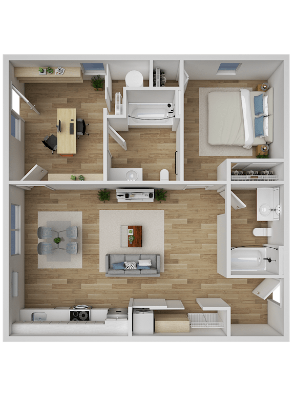 A top-down view of a live/work apartment with a kitchen, living room, and bathroom.