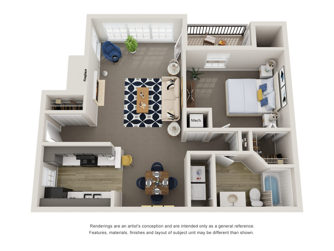 A floor plan of a house with a kitchen, living room, dining room, and bathroom.