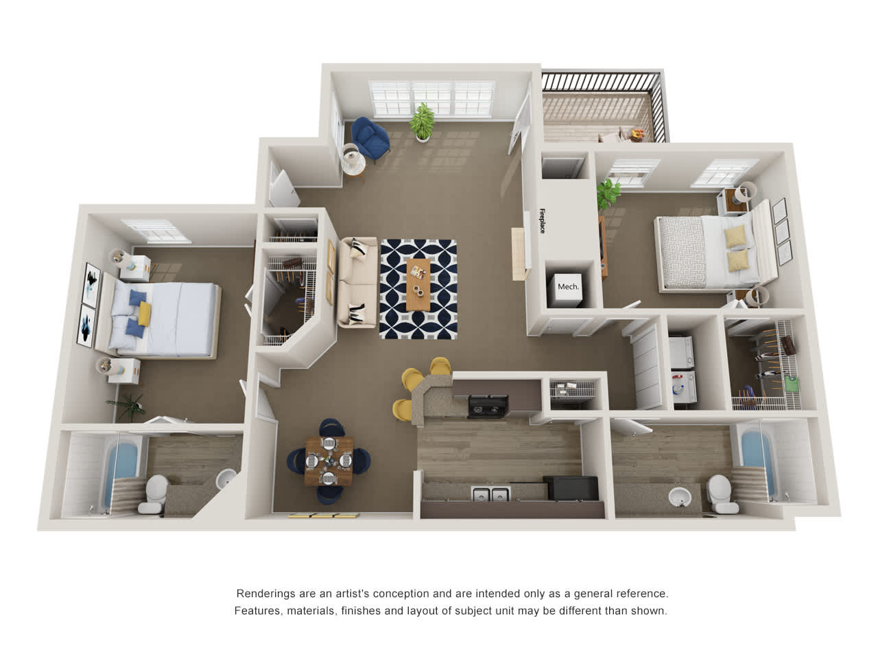A 3D floor plan of a house with a kitchen, living room, and two bedrooms.