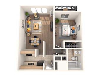 A top-down view of a small apartment with a living room, kitchen, and bathroom.