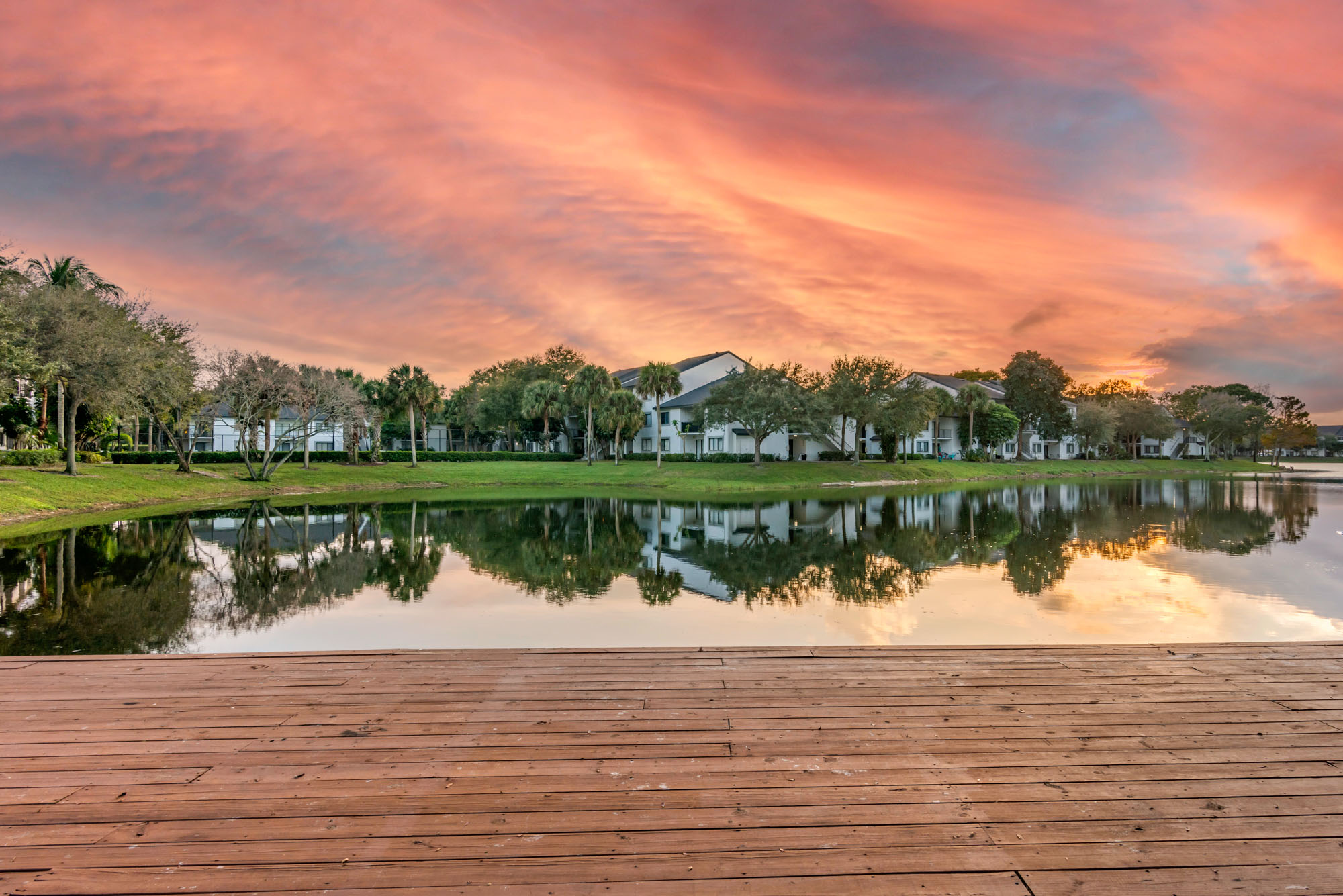 There are buildings on the water at The Reserve at Ashley Lake.