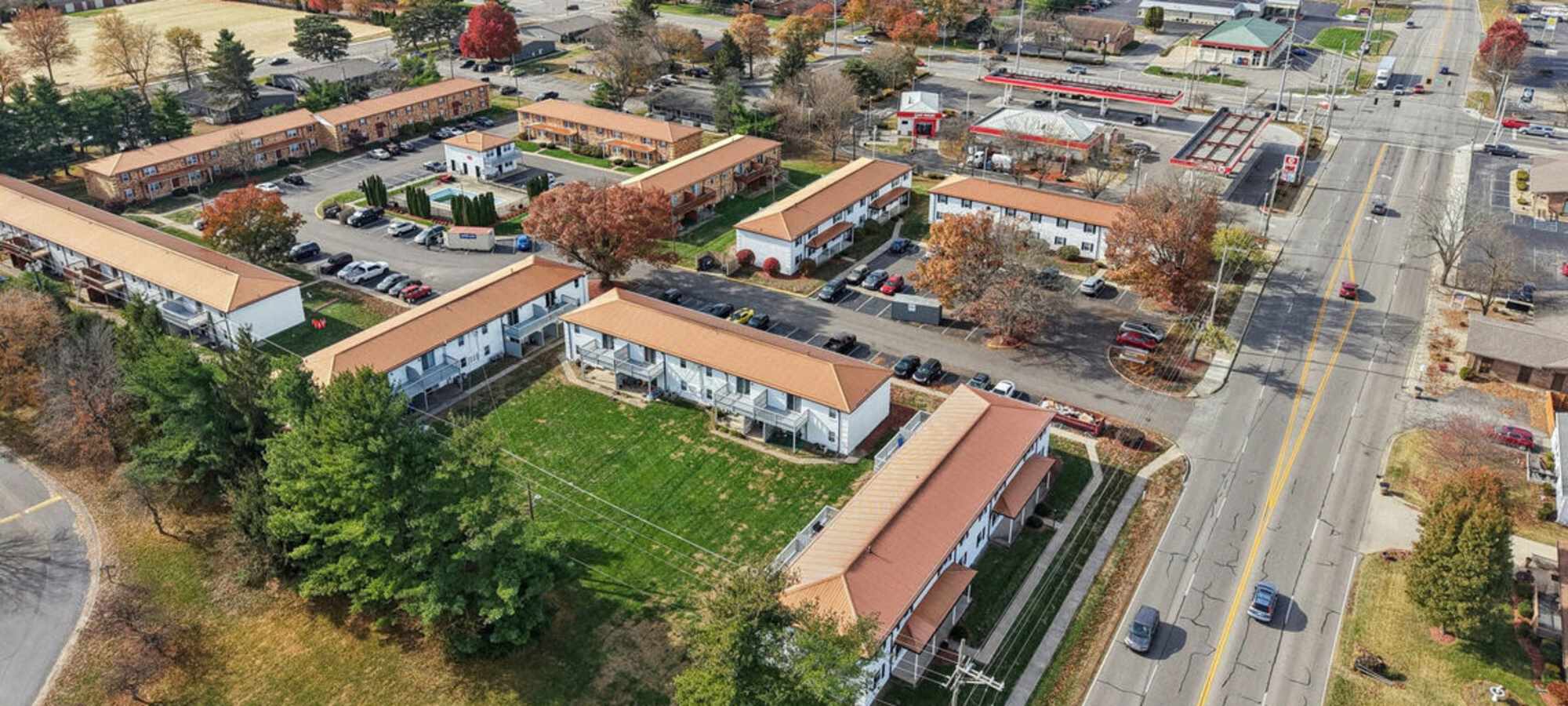 Exterior view of the apartments at Charleston Square Apartments in Columbus, Indiana
