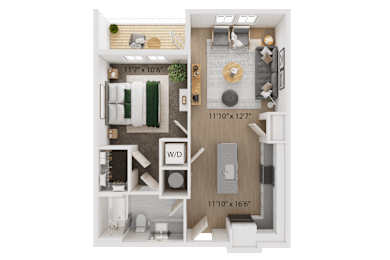 A 117x106 floor plan of a house with a living room, kitchen, and bathroom.