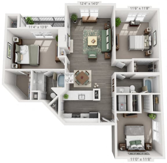 3 Bedroom Floor Plan with 1,210 Sq. Ft. at Ashford Green Apartment Homes Charlotte NC