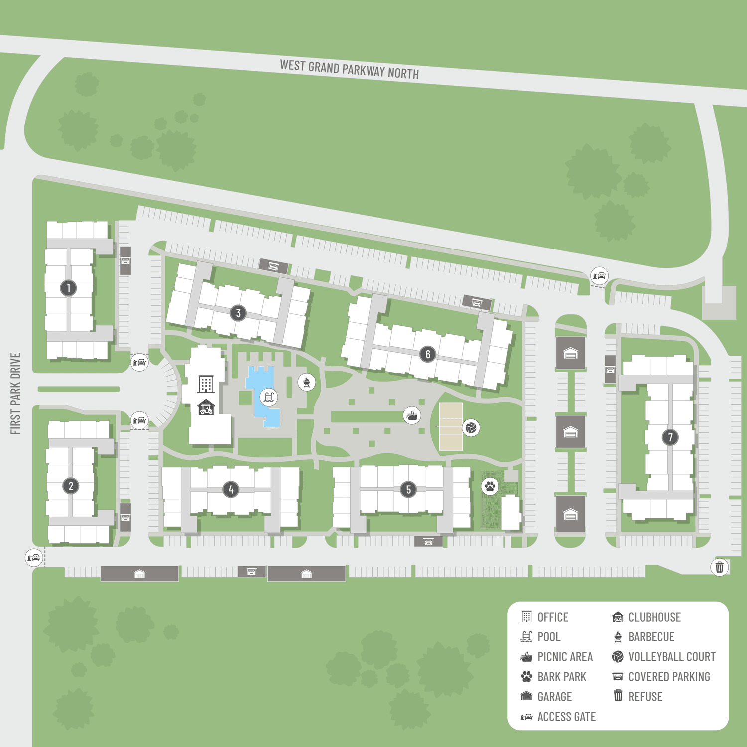 A site map marked by red dots showing unit locations, if available.