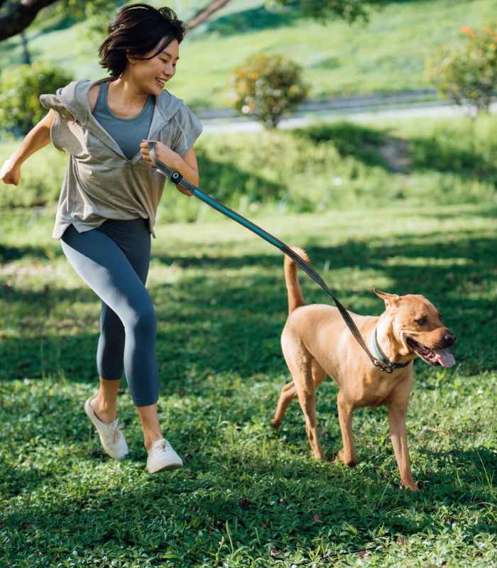 Resident walking with her dog in a pet-friendly park at Saddlebrook Apartments in Murfreesboro, Tennessee