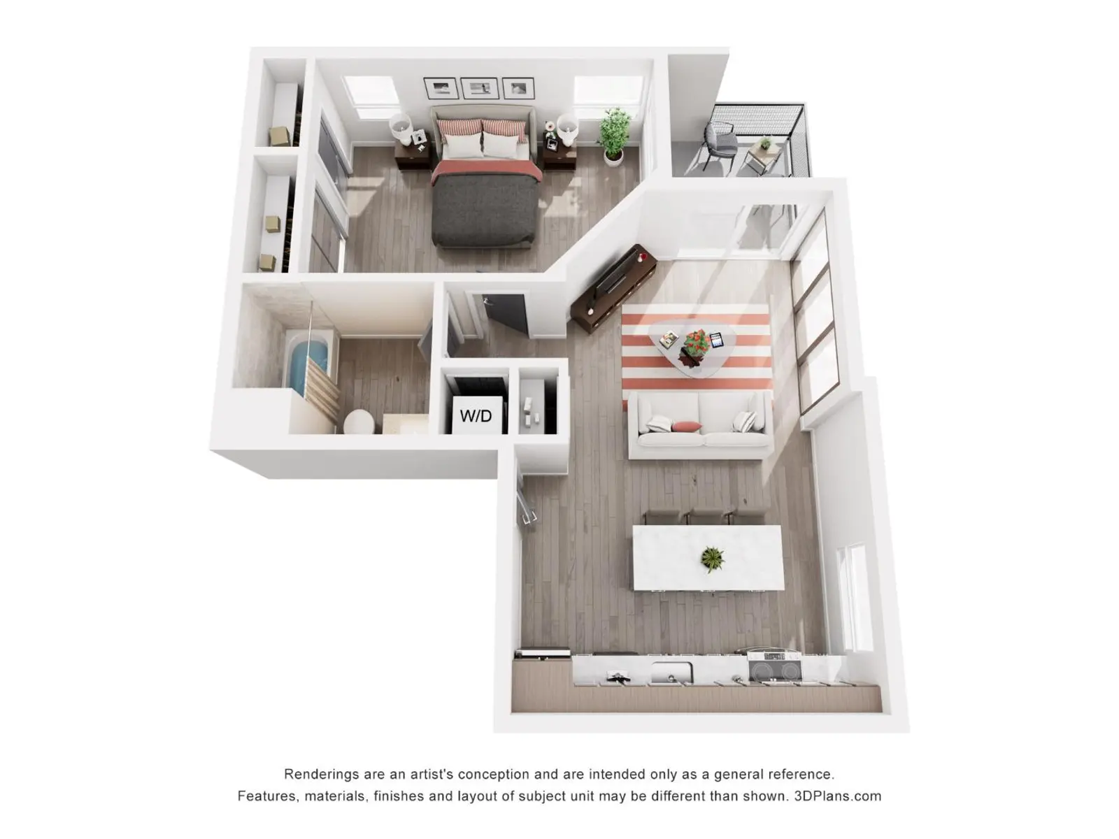 3D floor plan of a stylish apartment layout featuring a bedroom, living room, and kitchen area.