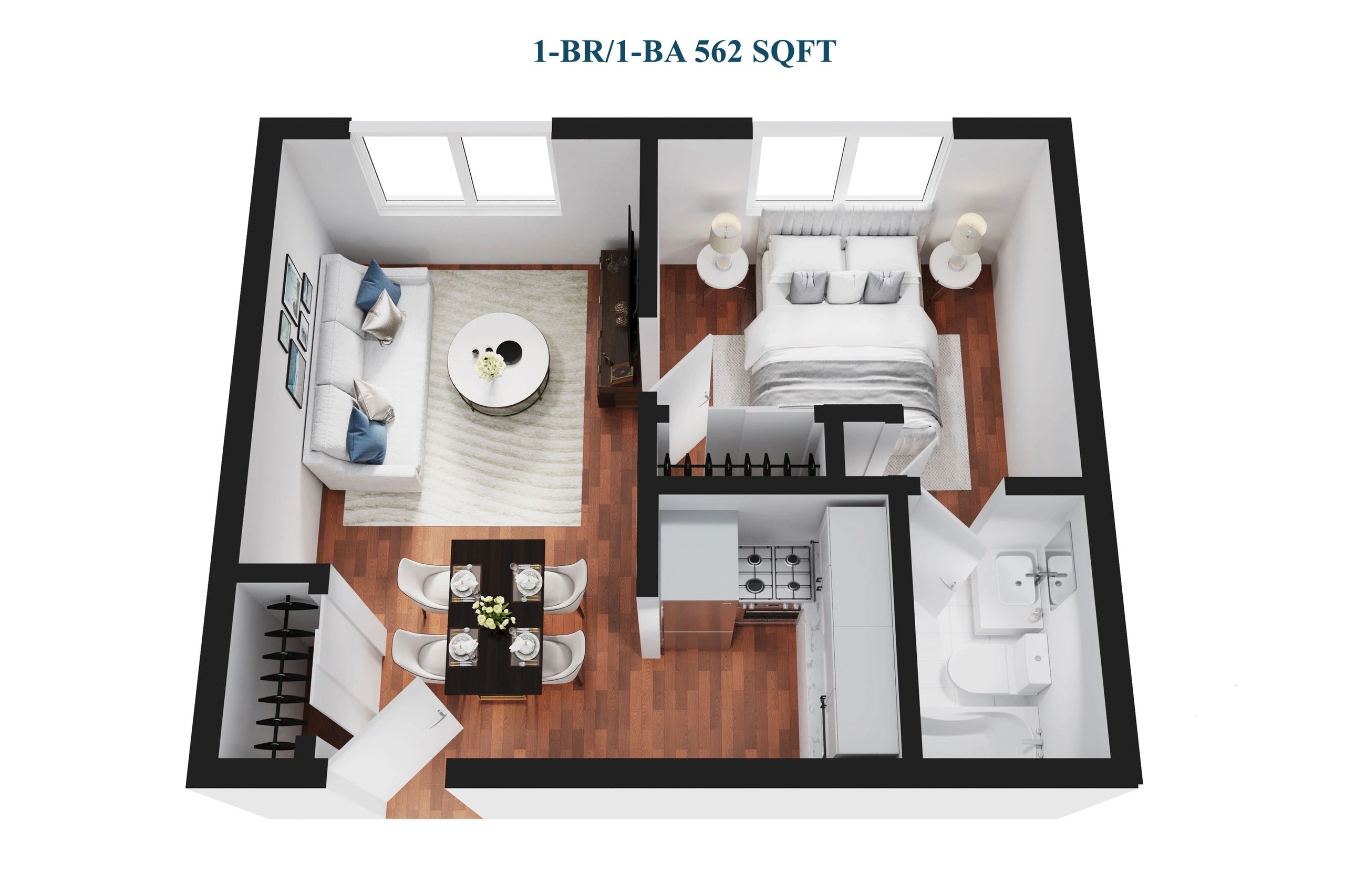 1-bedroom, 1-bath apartment layout with living, dining, kitchen, and bathroom areas.