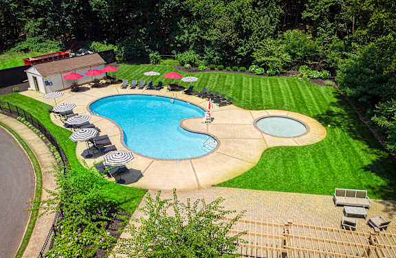 Aerial pool view at Atlantic Pointe Apartments, Atlantic Highlands