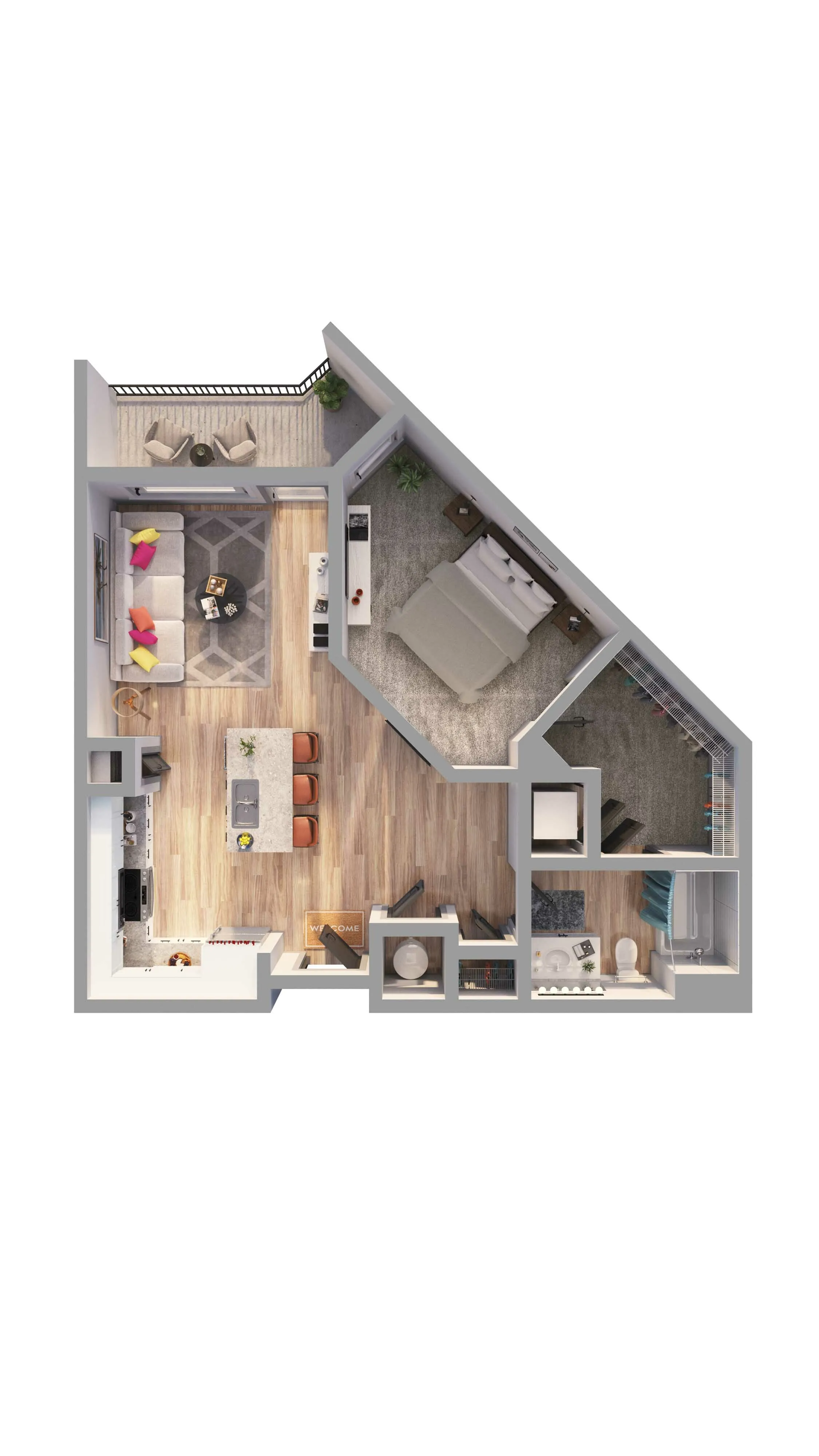 Modern 1-bedroom apartment floor plan with cozy living area, stylish kitchen, and charming balcony.
